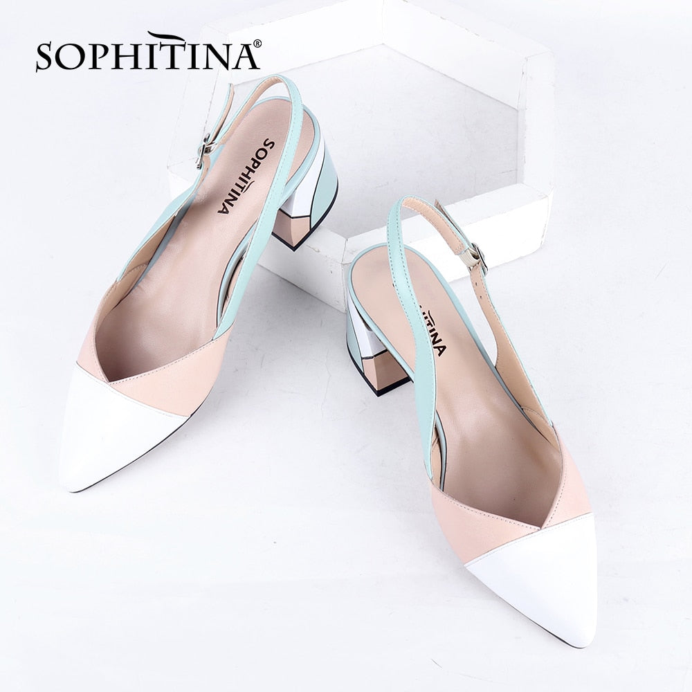 SOPHITINA Fashion Sandals Women Summer Genuine Leather Tricolor Heel Pointed Toe Sandals Handmade Thick Heels Women Shoes C721