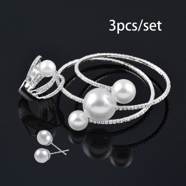 SINLEERY Wedding Jewelry Sets Big Pearl Multilayer Bracelet Bangle Rings Set For Women Gold Color TZ198 SSP
