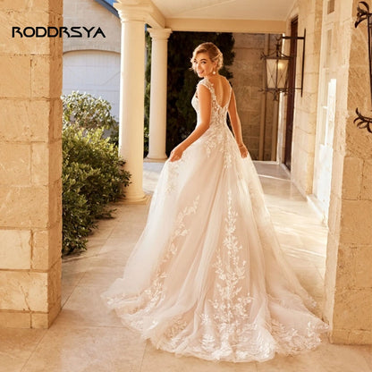 RODDRSYA Elegant Wedding Dress For Women 2023 V-Neck Cap Sleeve Lace Appliques Bridal Gowns With Button Sweep Train Custom Made