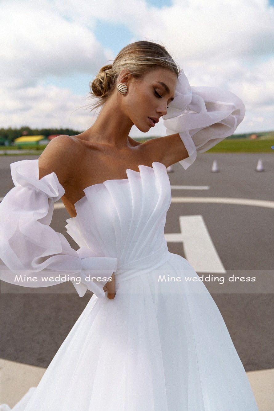 New Design Simple Boat Neck Detachable Puff Sleeve Zipper Pleats A-Line Wedding Dress Bridal Gowns Vestido De Noiva Custom Made