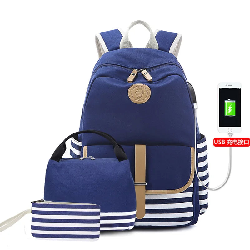 School Bag 3-Piece SetLunch Bag Knapsack Canvas Casual Women Backpack