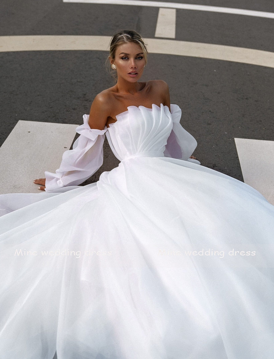 New Design Simple Boat Neck Detachable Puff Sleeve Zipper Pleats A-Line Wedding Dress Bridal Gowns Vestido De Noiva Custom Made