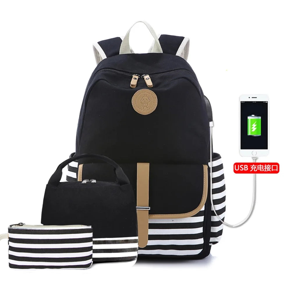 School Bag 3-Piece SetLunch Bag Knapsack Canvas Casual Women Backpack