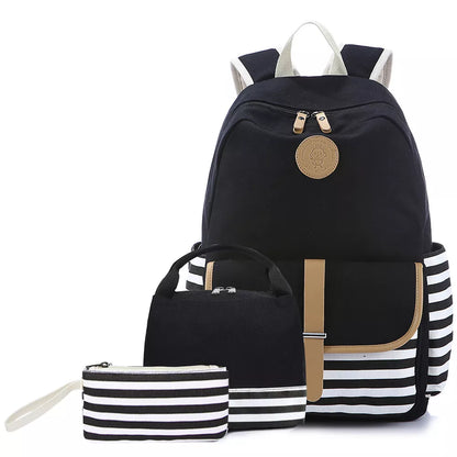 School Bag 3-Piece SetLunch Bag Knapsack Canvas Casual Women Backpack