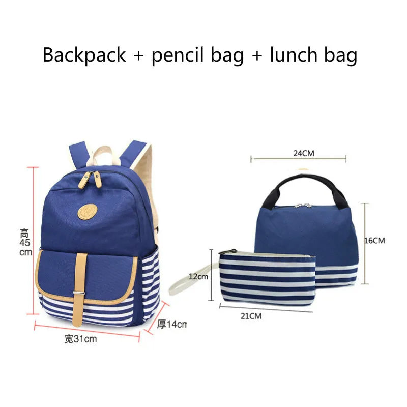 School Bag 3-Piece SetLunch Bag Knapsack Canvas Casual Women Backpack