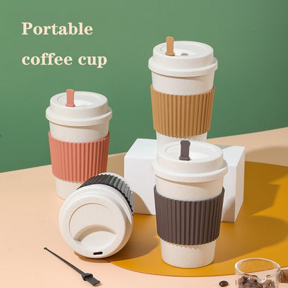 Travel Mug With Lid Reusable Wheat Fiber Coffee Cup PP Plastic Anti-fall With Non-slip Sleeve