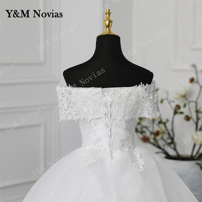 Y&M Novias Off Shoulder Plus Size Vestido De Noiva 2023 Wedding Dress Long Train or Floor Appliqes Pearls Bridal Tulle Mariage