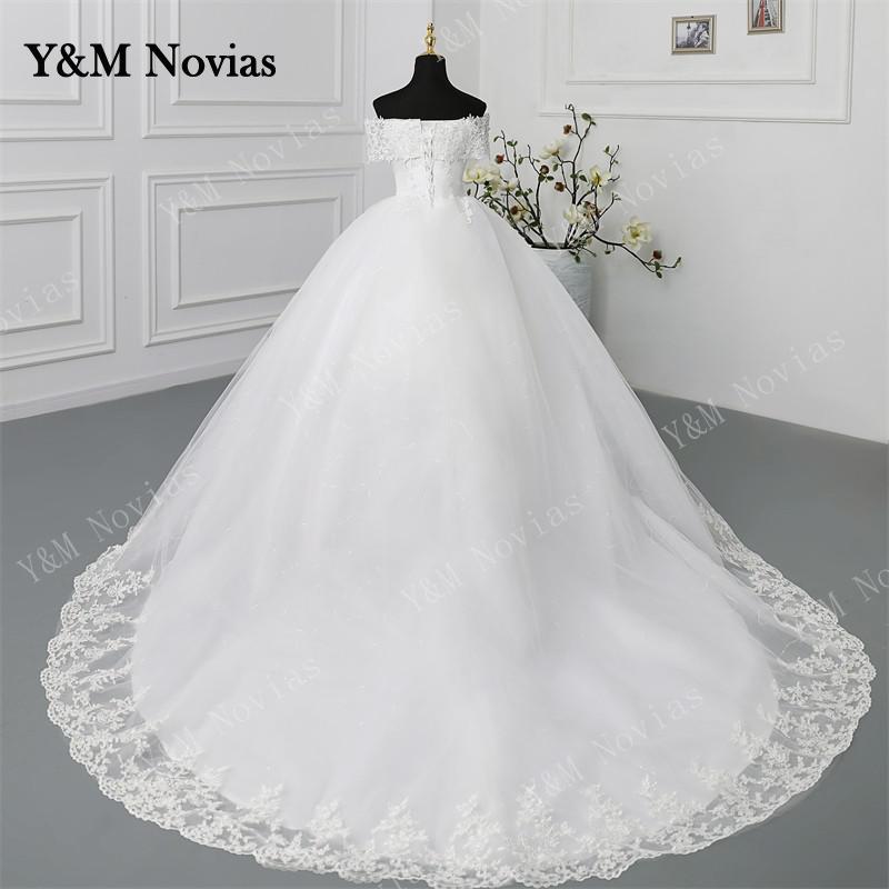 Y&M Novias Off Shoulder Plus Size Vestido De Noiva 2023 Wedding Dress Long Train or Floor Appliqes Pearls Bridal Tulle Mariage