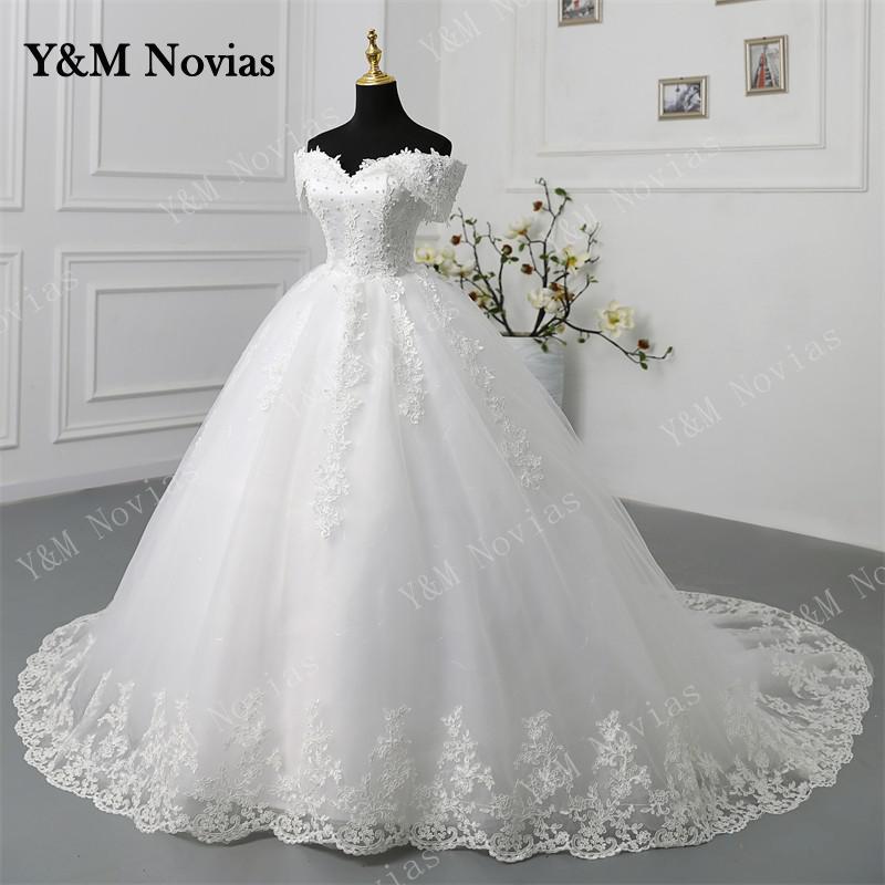 Y&M Novias Off Shoulder Plus Size Vestido De Noiva 2023 Wedding Dress Long Train or Floor Appliqes Pearls Bridal Tulle Mariage