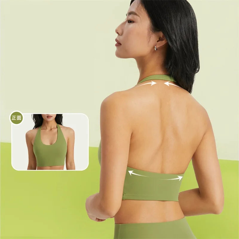 Solid Color U Shape Women Hanging Neck Sport Bra Comprehensive Training Halter Underwear Fitness Top Gym Yoga Chest Pad With Pad