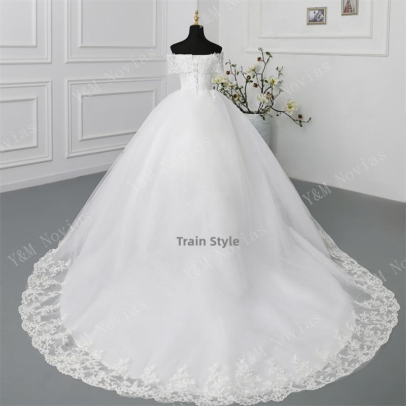 Y&M Novias Off Shoulder Plus Size Vestido De Noiva 2023 Wedding Dress Long Train or Floor Appliqes Pearls Bridal Tulle Mariage