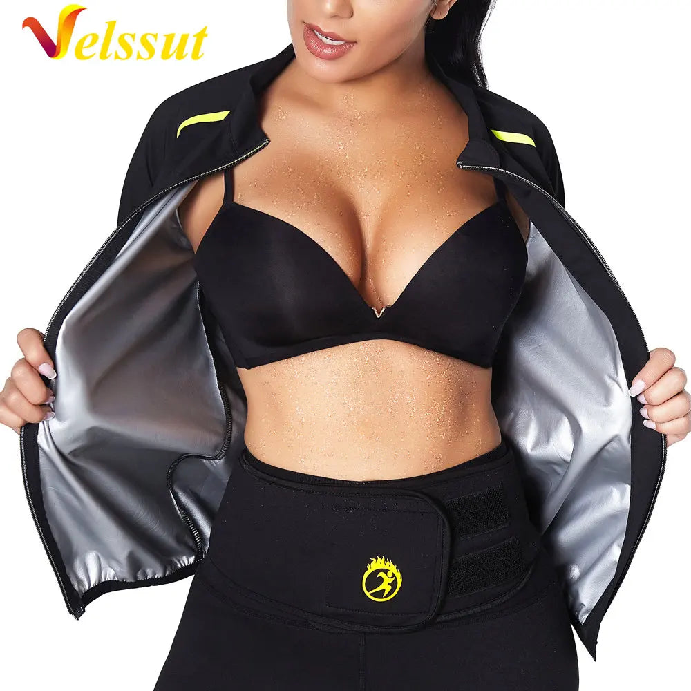 Velssut Sauna Jacket for Women Weight Loss Top Sweating Long Sleeves Thin Fitness Suit Fat Burner Slimming Body Shaper Workout