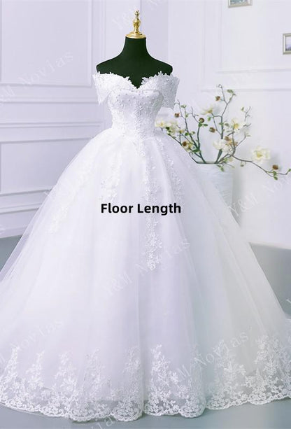 Y&M Novias Off Shoulder Plus Size Vestido De Noiva 2023 Wedding Dress Long Train or Floor Appliqes Pearls Bridal Tulle Mariage