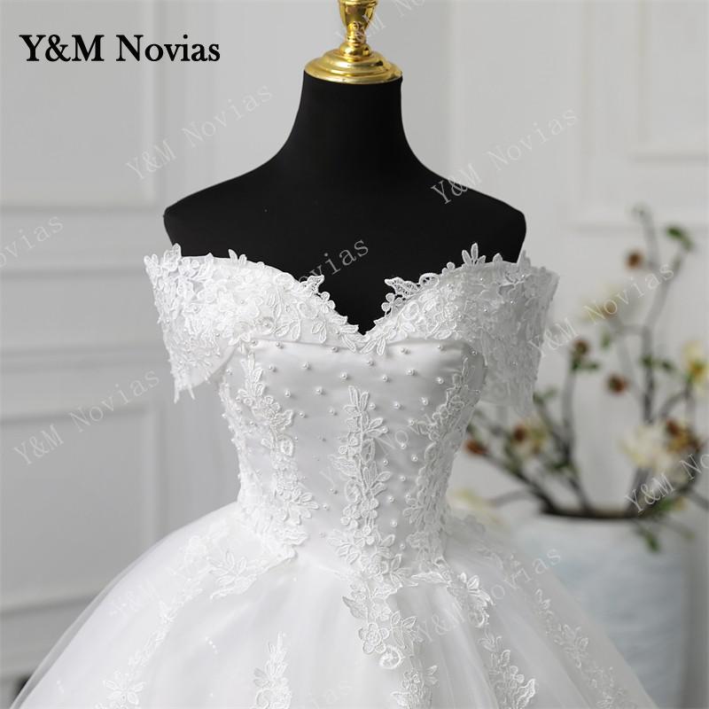 Y&M Novias Off Shoulder Plus Size Vestido De Noiva 2023 Wedding Dress Long Train or Floor Appliqes Pearls Bridal Tulle Mariage