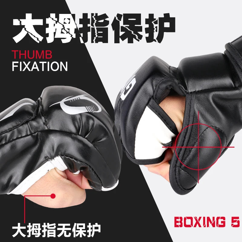 Half Finger Boxing Gloves PU Leather MMA Fighting Kick Boxing Gloves Karate Muay Thai Training Workout Grappling Gloves Men