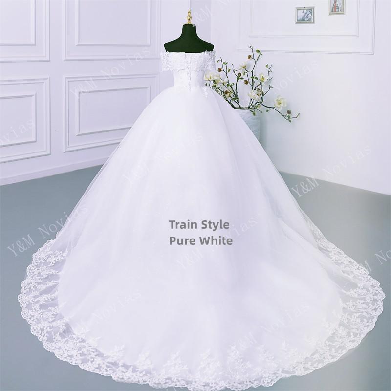 Y&M Novias Off Shoulder Plus Size Vestido De Noiva 2023 Wedding Dress Long Train or Floor Appliqes Pearls Bridal Tulle Mariage