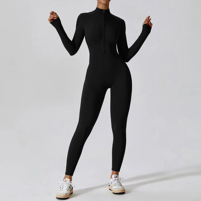 Zipper Yoga Boilersuit Long Sleeved Women's Sportswear Gym Jumpsuits Workout High-intensity Fitness One-piece Skin-tight Garment