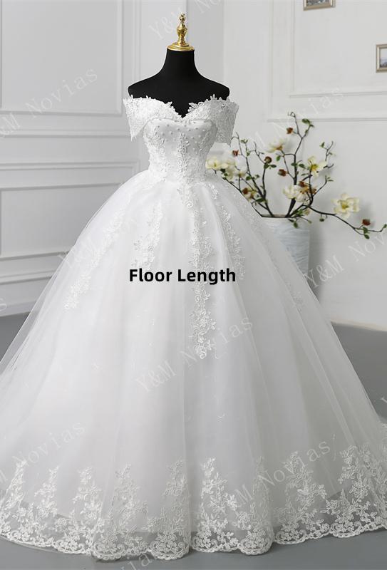 Y&M Novias Off Shoulder Plus Size Vestido De Noiva 2023 Wedding Dress Long Train or Floor Appliqes Pearls Bridal Tulle Mariage