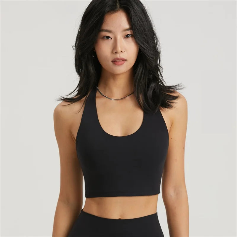Solid Color U Shape Women Hanging Neck Sport Bra Comprehensive Training Halter Underwear Fitness Top Gym Yoga Chest Pad With Pad