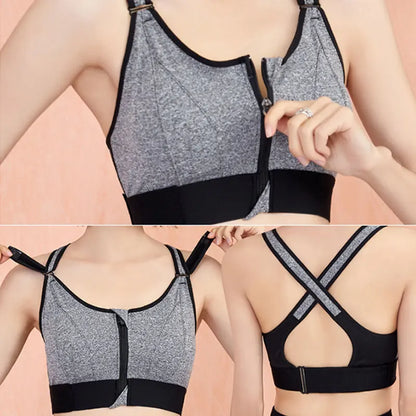 Women's Sports Bra Gathered Without Steel Ring Adjustable Belt Front Zipper Yoga Running Vest Shockproof Underwear Plus Size