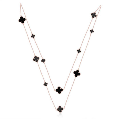 Quatrefoil Chain: Faith:Hope:Love:Luck, Black Onyx (Pure Silver Rose Gold vermeil)