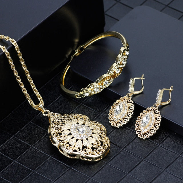 SUNSPICEMS Gold Color Arabic Necklace Earring Cuff Bracelet Women Ethnic Wedding Jewelry Sets Morocco Caftan Fashion Accessories