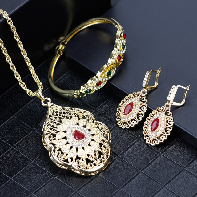 SUNSPICEMS Gold Color Arabic Necklace Earring Cuff Bracelet Women Ethnic Wedding Jewelry Sets Morocco Caftan Fashion Accessories