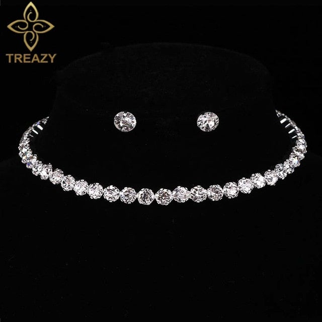 TREAZY Circle Crystal Bridal Jewelry Sets Silver Color African Beads Rhinestone Wedding Necklace Earrings Bracelet Set For Women