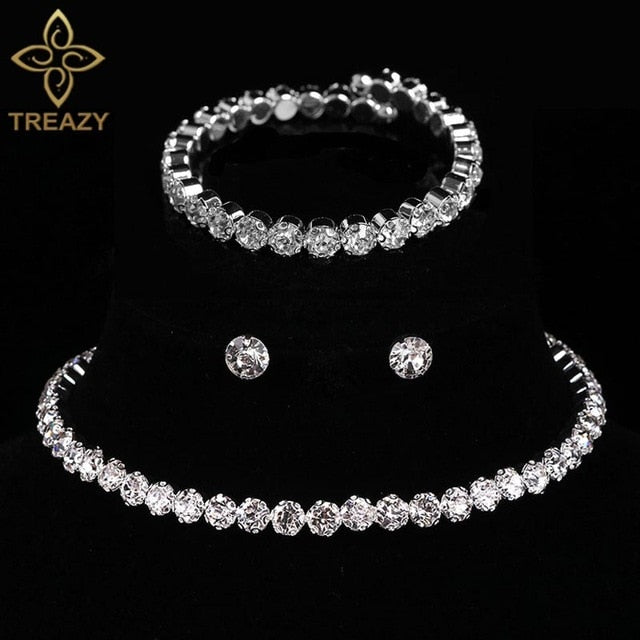 TREAZY Circle Crystal Bridal Jewelry Sets Silver Color African Beads Rhinestone Wedding Necklace Earrings Bracelet Set For Women