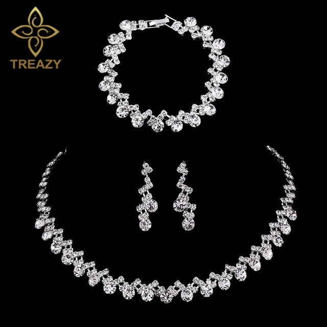 TREAZY Silver Color Rhinestone Crystal Bridal Jewelry Sets for Women Necklace Earrings Bracelet Set Wedding Jewelry Accessories