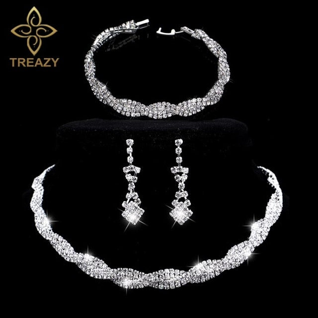 TREAZY Silver Color Rhinestone Crystal Bridal Jewelry Sets for Women Necklace Earrings Bracelet Set Wedding Jewelry Accessories