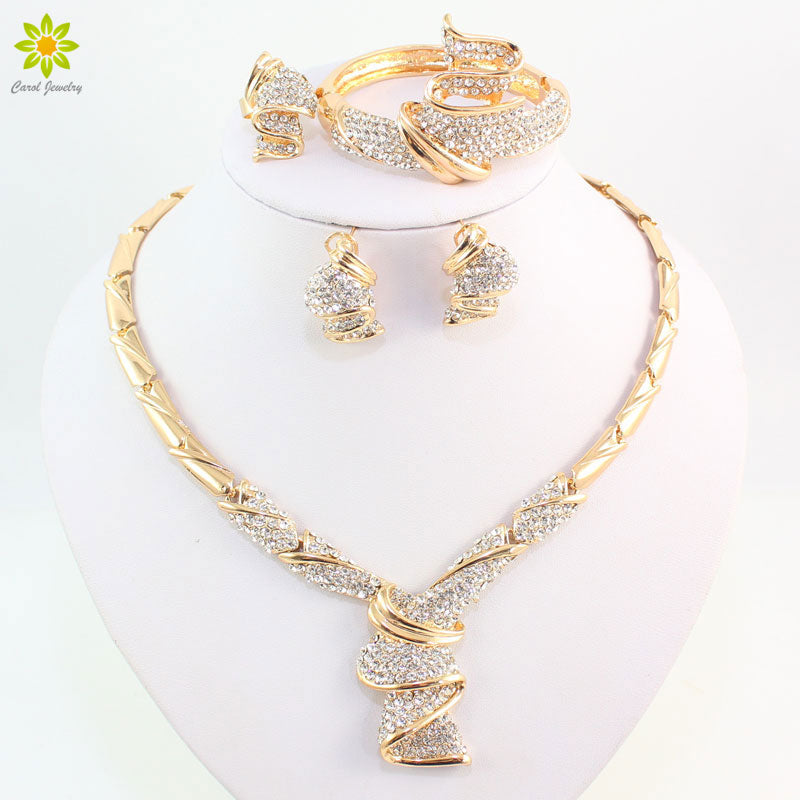 Wholesale Fashion Gold Color Alloy Rhinestone Wedding Jewelry Sets Necklace Bracelet Ring Earrings For Women Bridal