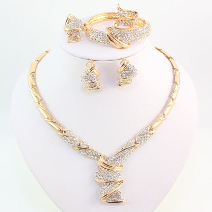 Wholesale Fashion Gold Color Alloy Rhinestone Wedding Jewelry Sets Necklace Bracelet Ring Earrings For Women Bridal