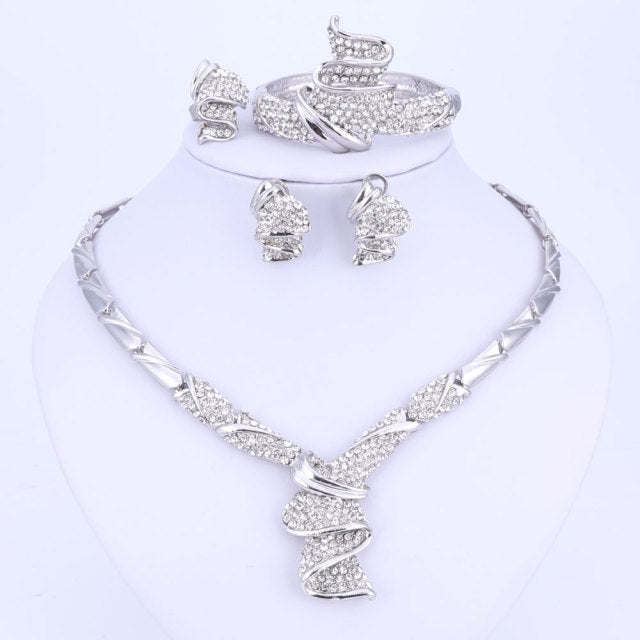 Wholesale Fashion Gold Color Alloy Rhinestone Wedding Jewelry Sets Necklace Bracelet Ring Earrings For Women Bridal