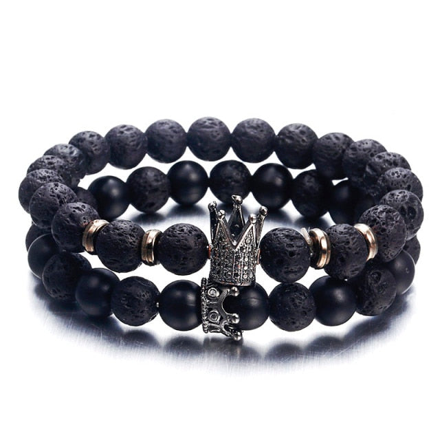 NS63 Hot Trendy Lava Stone Pave CZ Imperial Crown And Helmet Charm Bracelet For Men Or Women Bracelet Jewelry Pulseira hombres