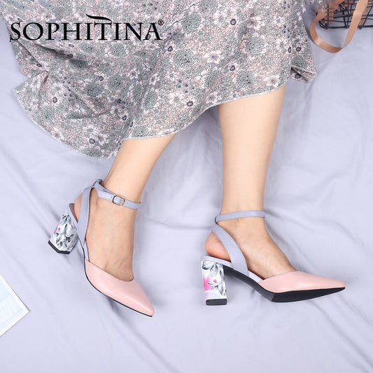 SOPHITINA Women's Pumps High Quality Sheepskin Fashion Printing Flower Square Heel Slingback Shoes Buckle New Elegant Pumps C645