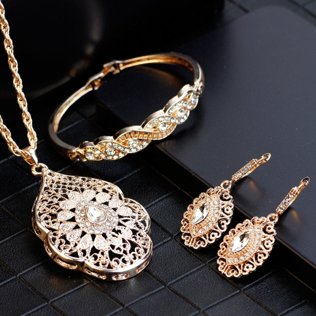 SUNSPICEMS Gold Color Arabic Necklace Earring Cuff Bracelet Women Ethnic Wedding Jewelry Sets Morocco Caftan Fashion Accessories