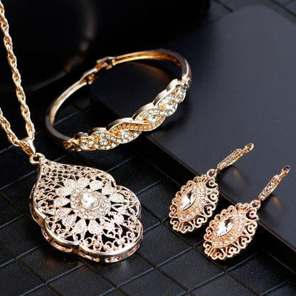 SUNSPICEMS Gold Color Arabic Necklace Earring Cuff Bracelet Women Ethnic Wedding Jewelry Sets Morocco Caftan Fashion Accessories