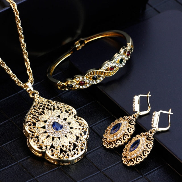 SUNSPICEMS Gold Color Arabic Necklace Earring Cuff Bracelet Women Ethnic Wedding Jewelry Sets Morocco Caftan Fashion Accessories