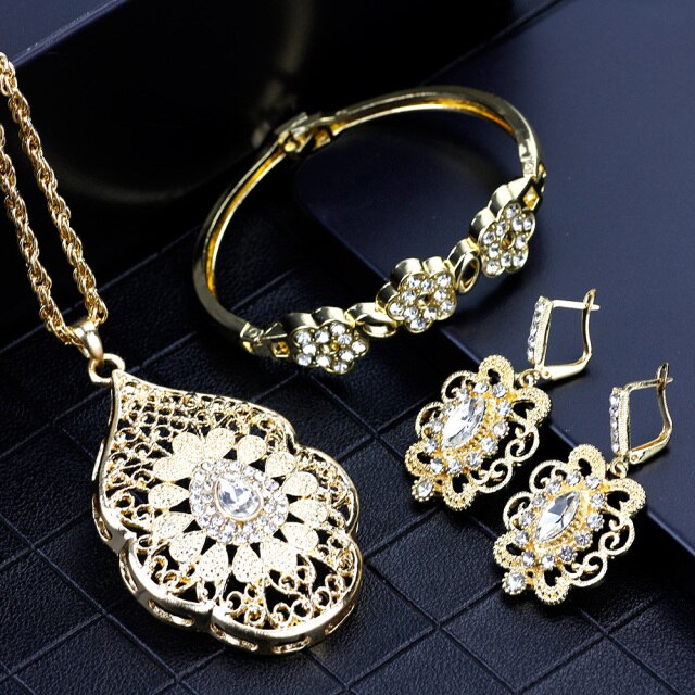 SUNSPICEMS Gold Color Arabic Necklace Earring Cuff Bracelet Women Ethnic Wedding Jewelry Sets Morocco Caftan Fashion Accessories