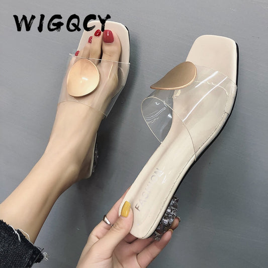 Sexy High Heels Elegant Slippers Women New Summer Shoes Woman Metal Buckle Transparent Square Low Heels Mules Shoes Female Strap