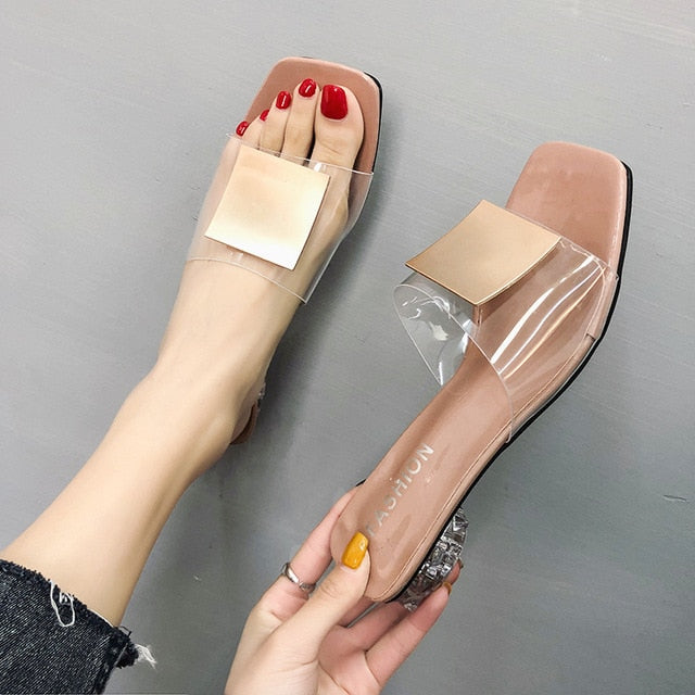 Sexy High Heels Elegant Slippers Women New Summer Shoes Woman Metal Buckle Transparent Square Low Heels Mules Shoes Female Strap