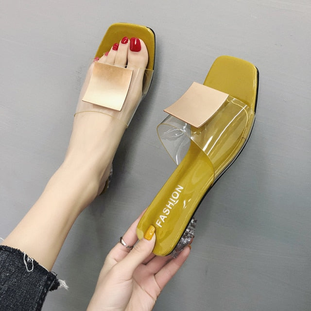 Sexy High Heels Elegant Slippers Women New Summer Shoes Woman Metal Buckle Transparent Square Low Heels Mules Shoes Female Strap