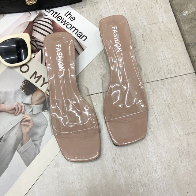 Sexy High Heels Elegant Slippers Women New Summer Shoes Woman Metal Buckle Transparent Square Low Heels Mules Shoes Female Strap