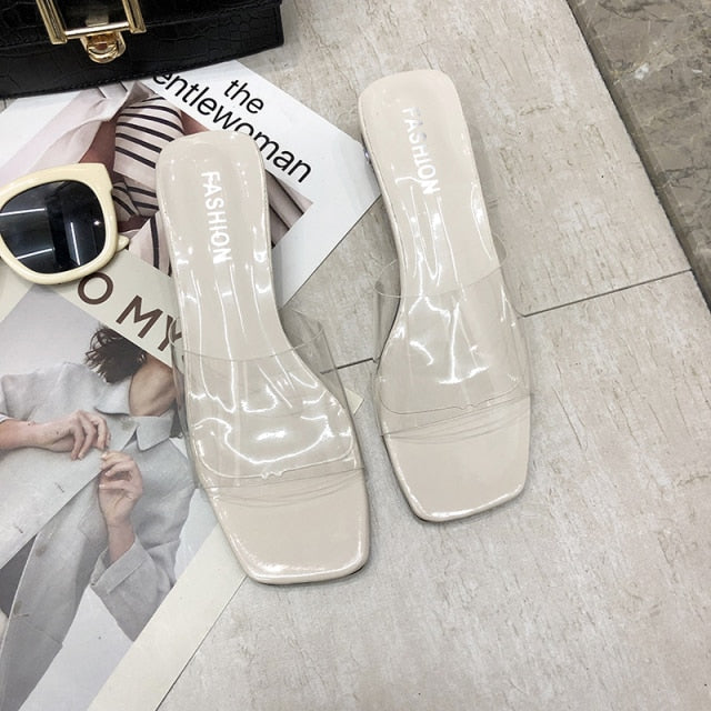 Sexy High Heels Elegant Slippers Women New Summer Shoes Woman Metal Buckle Transparent Square Low Heels Mules Shoes Female Strap