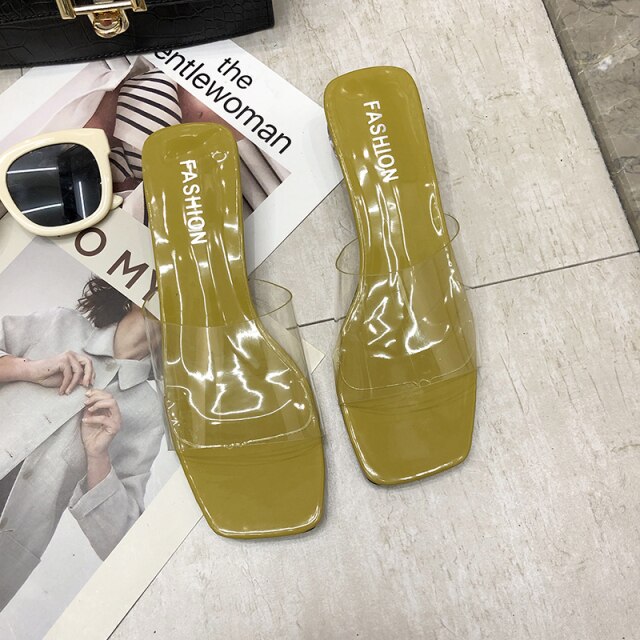 Sexy High Heels Elegant Slippers Women New Summer Shoes Woman Metal Buckle Transparent Square Low Heels Mules Shoes Female Strap