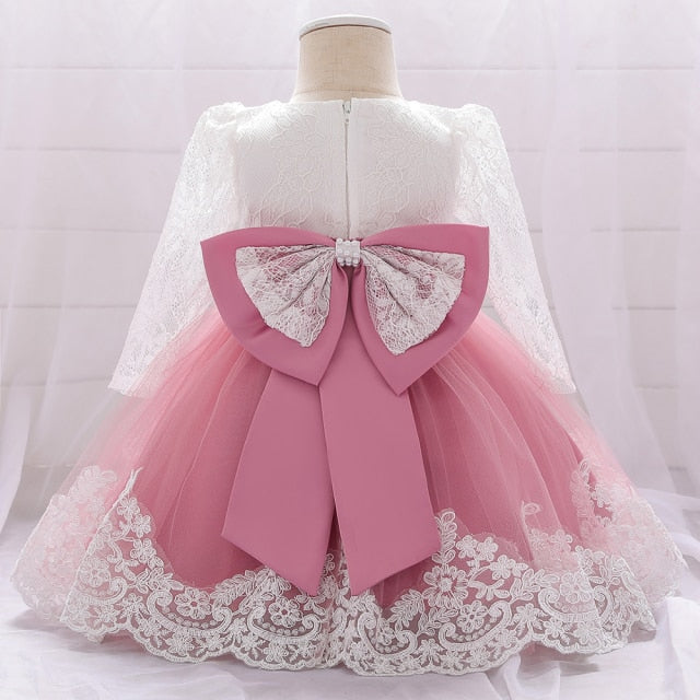 Newborn Long Sleeve Baby Girl Dresses Party Wedding Girl Lace Big Bow Dresses Infant Girl 1st Birthday Princess Baptism Dress