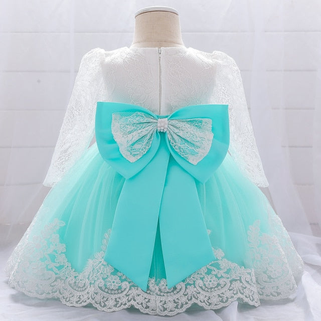 Newborn Long Sleeve Baby Girl Dresses Party Wedding Girl Lace Big Bow Dresses Infant Girl 1st Birthday Princess Baptism Dress