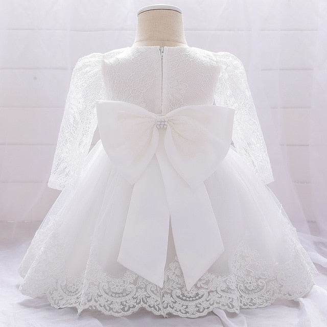 Newborn Long Sleeve Baby Girl Dresses Party Wedding Girl Lace Big Bow Dresses Infant Girl 1st Birthday Princess Baptism Dress