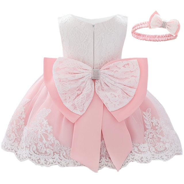 Newborn Long Sleeve Baby Girl Dresses Party Wedding Girl Lace Big Bow Dresses Infant Girl 1st Birthday Princess Baptism Dress